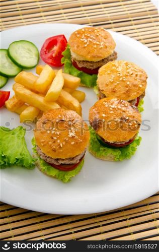French fries and burgers in the plate