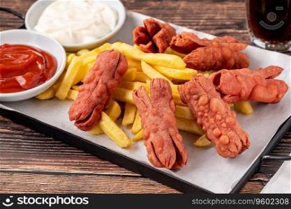 French fries and deep fried sausage with ketchup and mayonnaise on wooden table