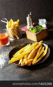 French fries, fast food, fried potato on plate