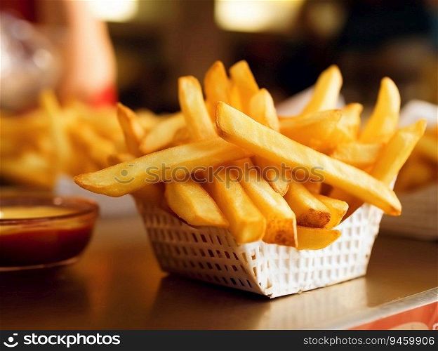 French fries in fast food restaurant.AI Generative