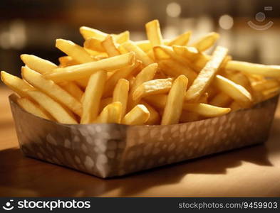 French fries in serving basket on wooden table.AI Generative