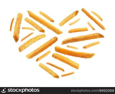 French fries in the shape of a heart on a white background.. French fries in the shape of a heart on a white background