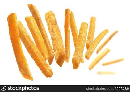 French fries levitate on a white background.. French fries levitate on a white background