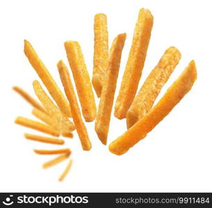 French fries levitate on a white background.. French fries levitate on a white background