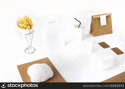 french fries parcel burger disposable cup mockup white background