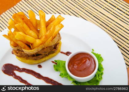 French fries served with ketchup