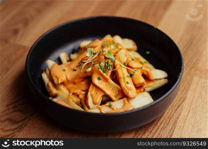 French fries with American style cheddar cheese