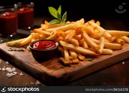 French fries with ketchup on a wooden board in a restaurant. French fries with ketchup on a wooden board