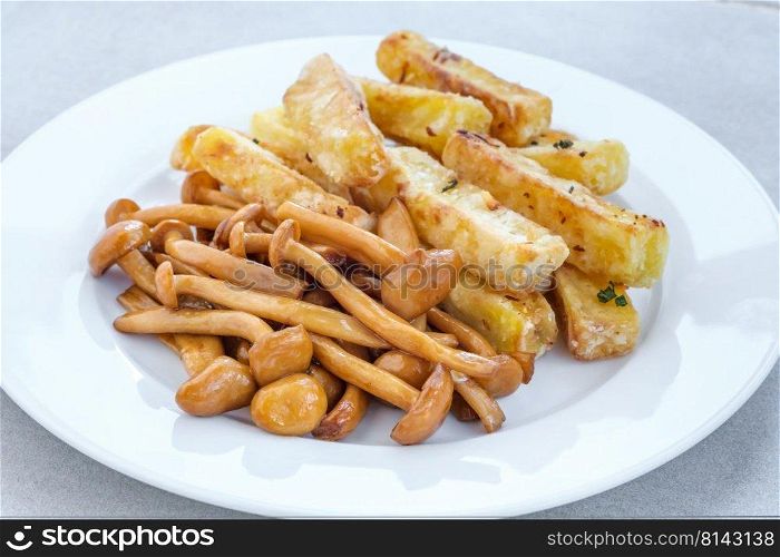 French fries with soy sauce shimeji mushrooms 