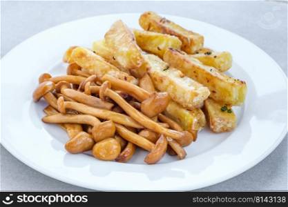 French fries with soy sauce shimeji mushrooms 