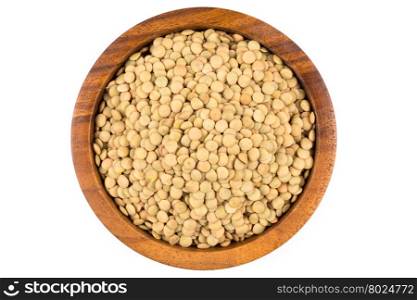 French green lentils (lentilles du Puy) in a wooden bowl on a white background