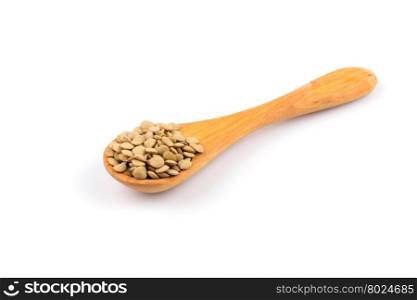 French green lentils (lentilles du Puy) in a wooden spoon on a white background