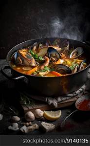 french hot soup Bouillabaisse with clams fish soup. Illustration Generative AI 