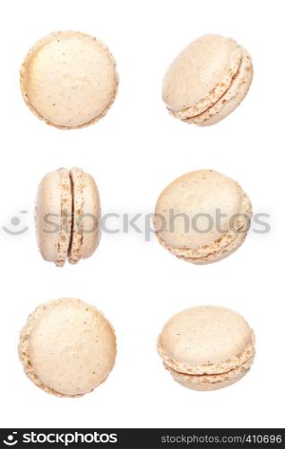 French ivory white macarons dessert cakes top view isolated on white background