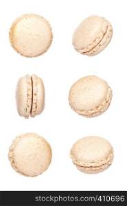 French ivory white macarons dessert cakes top view isolated on white background