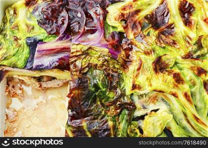 French lean gratin with cabbage and potatoes.Vegetable gratin.Vegetarian food.Healthy food.. French vegetable gratin.