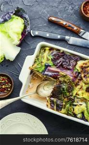 French lean gratin with cabbage.Vegetable gratin.Vegetarian food.Vegetable casserole.. French vegetable gratin.