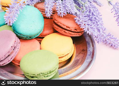 french macaron cakes composition with lavender flowers