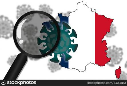 French map with coronavirus under magnifier, 3D rendering