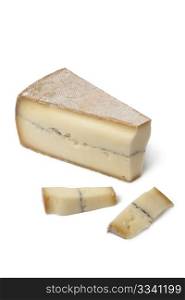 French Morbier cheese on white background