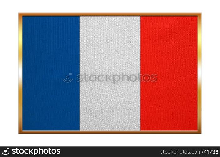French national official flag. Patriotic symbol, banner, element, background. Correct colors. Flag of France , golden frame, fabric texture, illustration. Accurate size, color