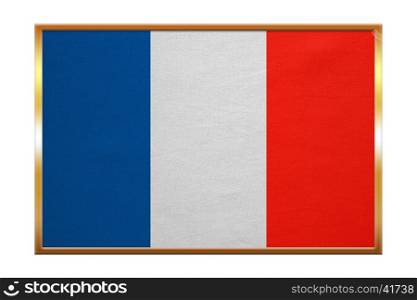 French national official flag. Patriotic symbol, banner, element, background. Correct colors. Flag of France , golden frame, fabric texture, illustration. Accurate size, color