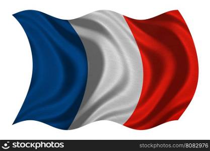 French national official flag. Patriotic symbol, banner, element, background. Correct colors. Flag of France with real detailed fabric texture wavy isolated on white, 3D illustration