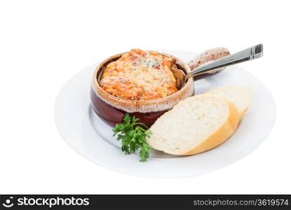 French onion soup with cheese and bread.