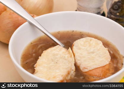 French onion soup with toast and cheese