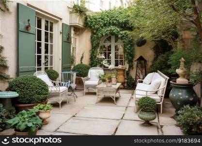 french patio with potted plants, lanterns, and lounge chairs, created with generative ai. french patio with potted plants, lanterns, and lounge chairs
