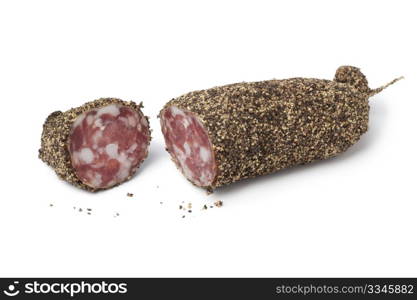 French pepper salami on white background