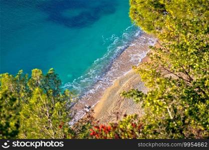 French riviera. Idyllic Cote d’Azur hidden beach in pine trees aerial view, Villefranche sur Mer, France 