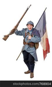 French soldier, 1914 1918 with flag, isolated on a white background