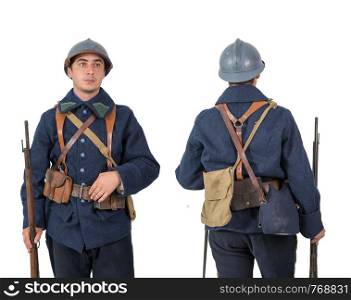 French soldier 1918, November 11th, front and back, on white background