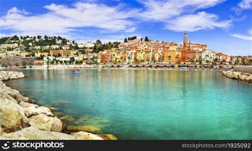 French summer holidays in Cote azure - Menton town with colorful houses. popular tourist destination in France