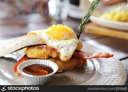 French Toast Eggs and Bacon Breakfast Brekkie Stack
