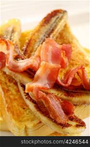 French toast with bacon and caramalized banana ready to serve.