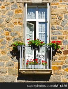 French Window with Open Wooden Shutters, Decorated with Fresh Flowers
