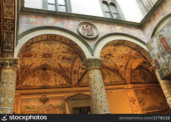 Frescoes decorating the courtyard Palazzo Vecchio. Florence, Italy