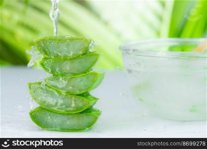 Fresh aloe vera juice in a glass bowl and sliced natural organic aloe vera on nature background. medicine and beauty concept.