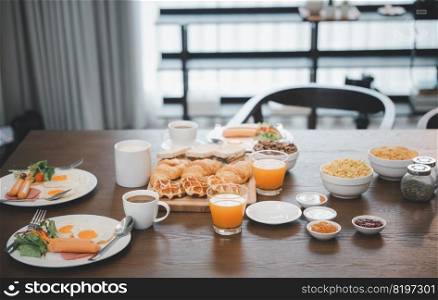 Fresh and bright continental breakfast healthy, Breakfast served food with beverage coffee, orange juice on table in the morning at home