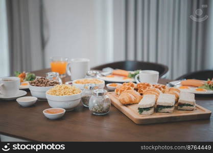 Fresh and bright continental breakfast healthy, Breakfast served food with beverage coffee, orange juice on table in the morning at home