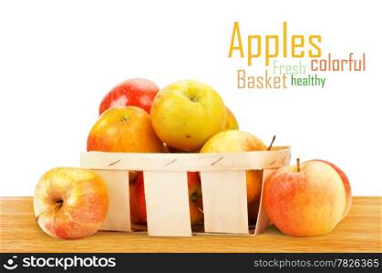 Fresh and colorful apples in basket, selective focus