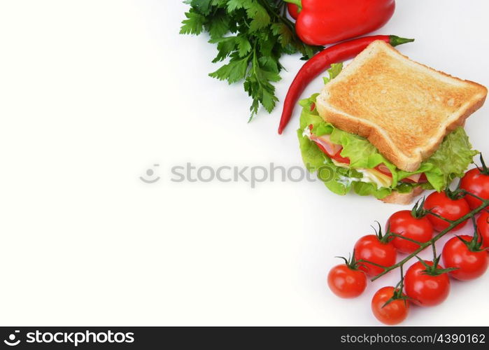 Fresh and tasty sandwich with vegetable on white background