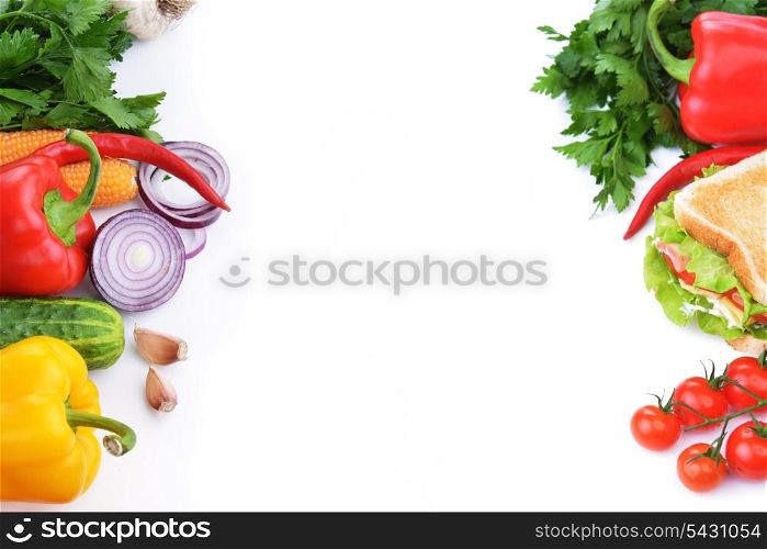 Fresh and tasty sandwich with vegetable on white background