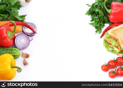 Fresh and tasty sandwich with vegetable on white background