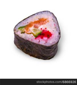 Fresh appetizing seafood roll on white background