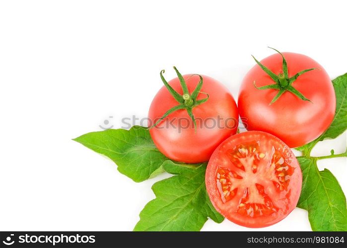 Fresh appetizing tomatoes isolated on white background. Free space for text.