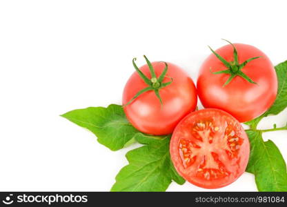Fresh appetizing tomatoes isolated on white background. Free space for text.