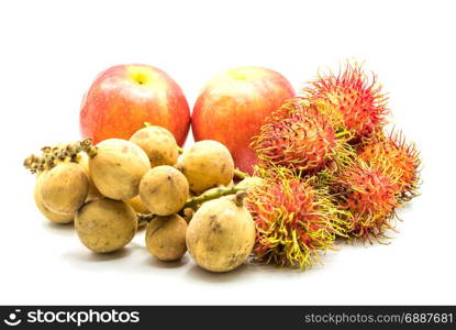 Fresh Apples, Longkong and Rambutans on white background